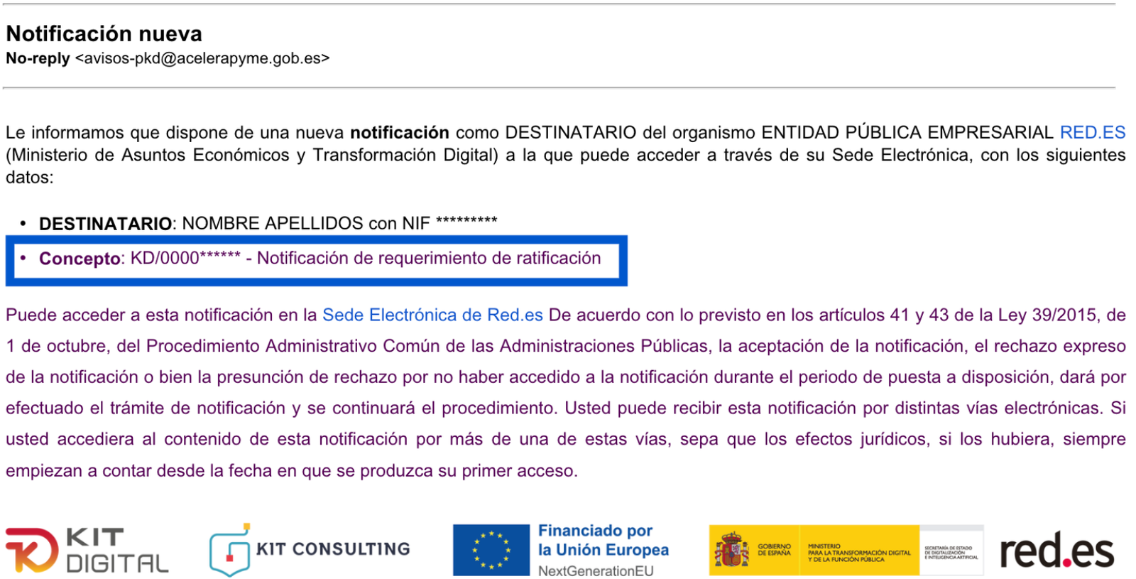Notificación de Red.es con requerimiento de ratificación del Kit Digital enviada al beneficiario.