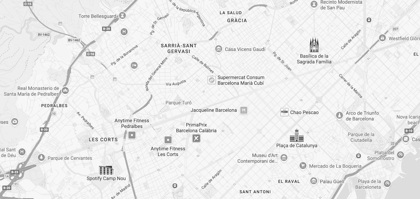 Map of Barcelona with highlighted landmarks like Sagrada Familia, Plaça Catalunya, and Camp Nou.